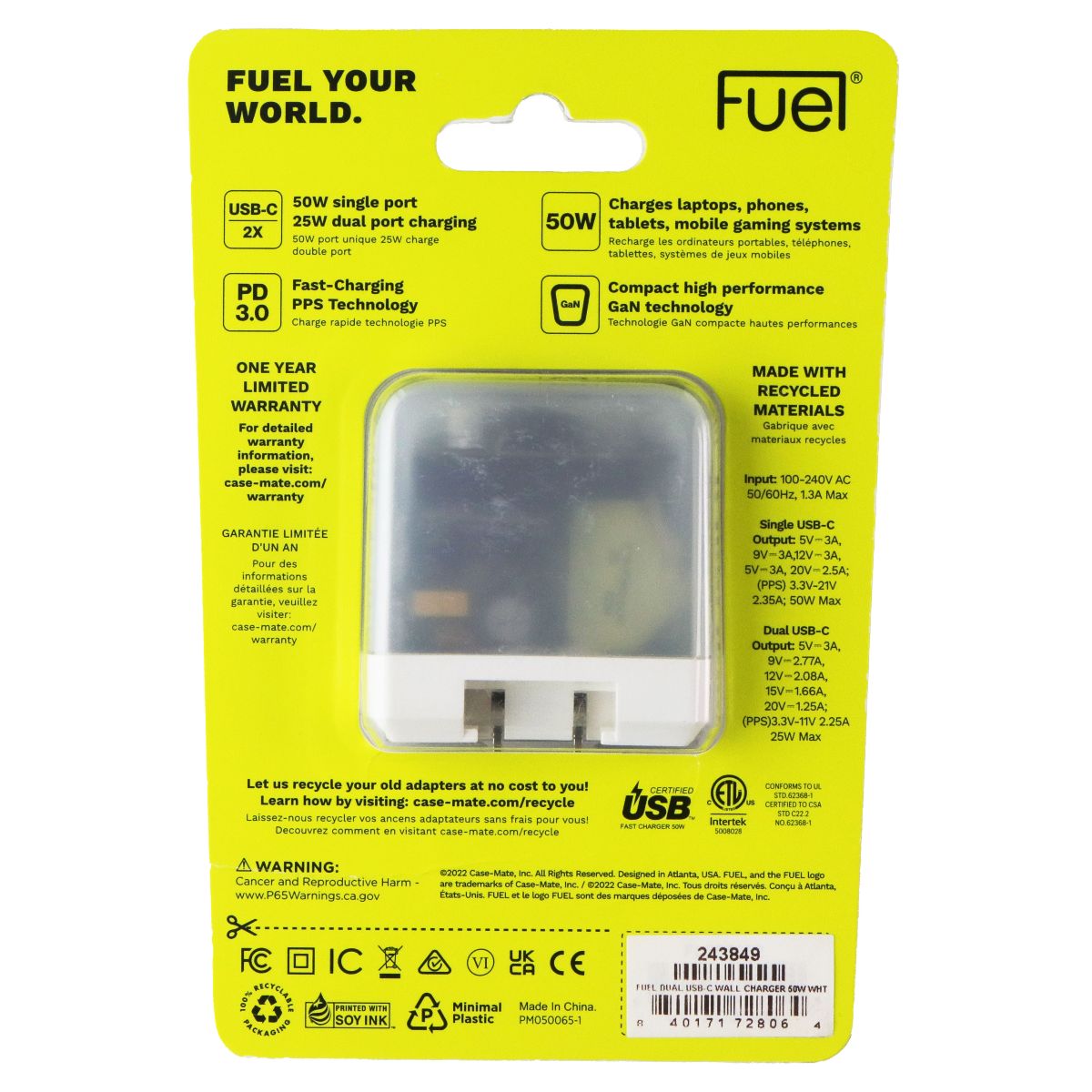 Fuel 50W Dual Port USB-C Wall Charger with Foldable Prongs - White Cell Phone - Chargers & Cradles FUEL - Simple Cell Bulk Wholesale Pricing - USA Seller