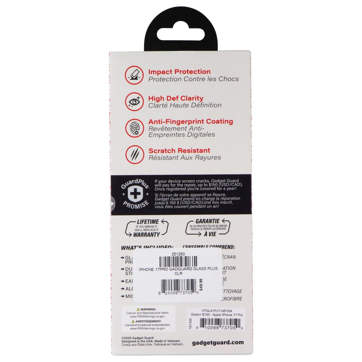 Gadget Guard Glass Series Screen Protector for Apple iPhone 17 Pro Cell Phone - Screen Protectors Gadget Guard - Simple Cell Bulk Wholesale Pricing - USA Seller