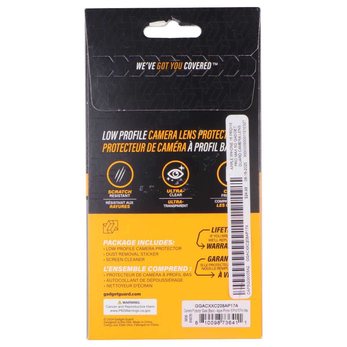 Gadget Guard Glass Camera Protector for Apple iPhone 16 Pro / 16 Pro Max - Black Cell Phone - Screen Protectors Gadget Guard - Simple Cell Bulk Wholesale Pricing - USA Seller