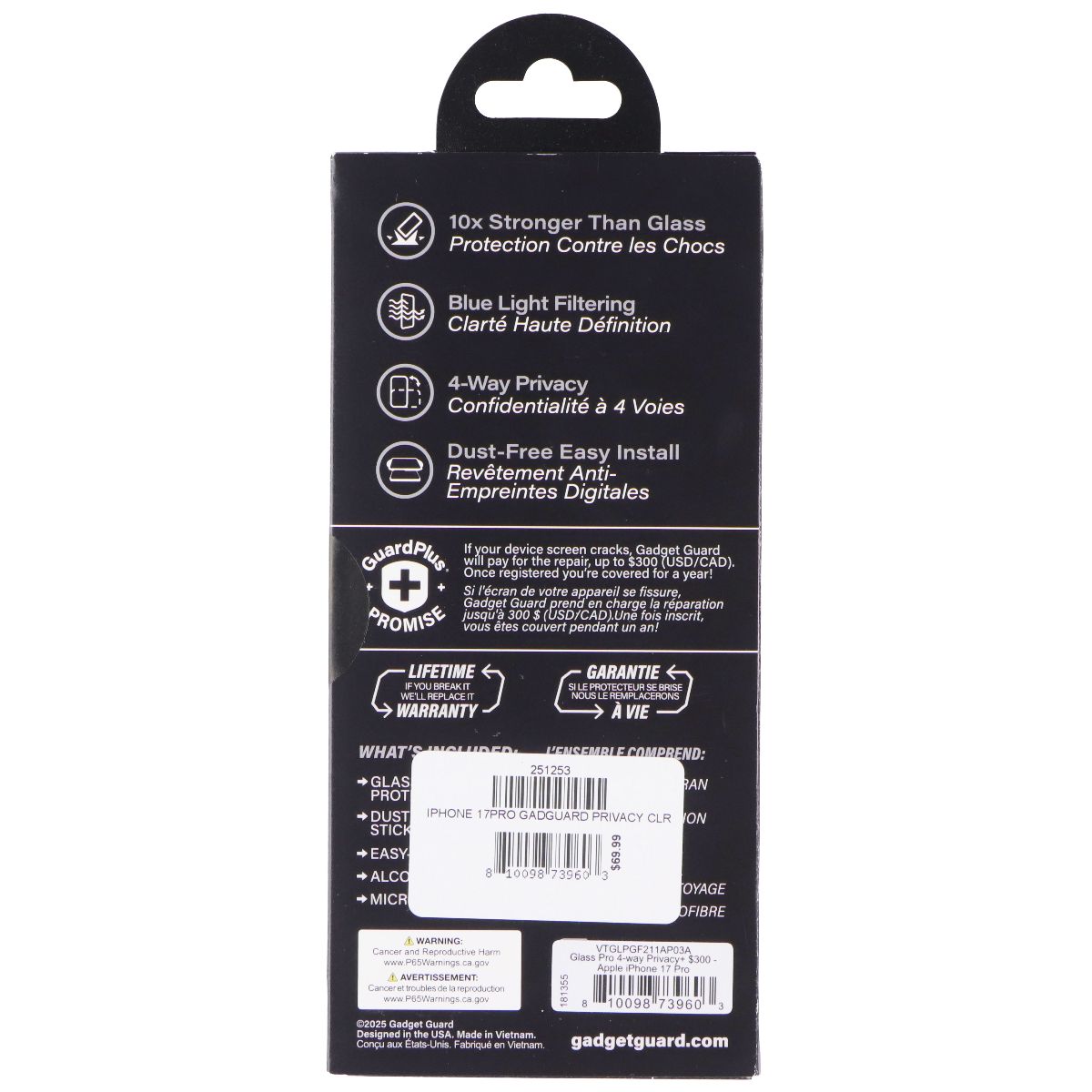 Gadget Guard Glass Pro Privacy Screen Protector for Apple iPhone 17 Pro Cell Phone - Screen Protectors Gadget Guard - Simple Cell Bulk Wholesale Pricing - USA Seller