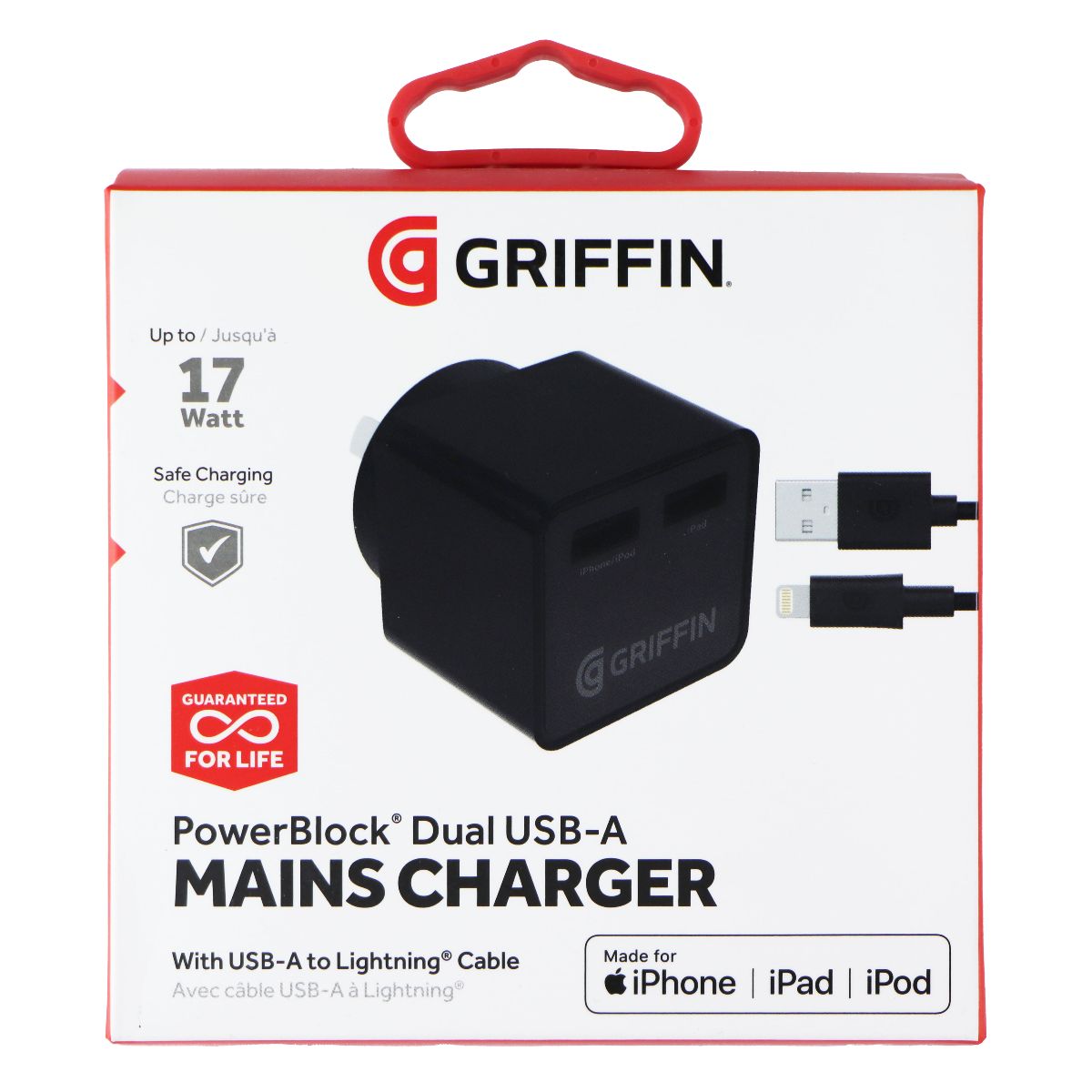 Griffin PowerBlock Dual USB-A MAINS Charger + USB-A to 8-pin Cable - Black (AU) Cell Phone - Chargers & Cradles Griffin - Simple Cell Bulk Wholesale Pricing - USA Seller