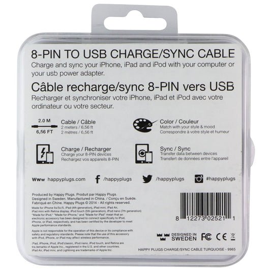 Happy Plugs (2M) 8-Pin to USB Charge/Sync Cable for Apple Devices - Turquoise Cell Phone - Cables & Adapters Happy Plugs - Simple Cell Bulk Wholesale Pricing - USA Seller