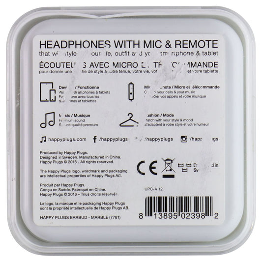 Happy Plugs Unik Edition 3.5mm Wired Headphones w/Mic and Remote - Marble Portable Audio - Headphones Happy Plugs - Simple Cell Bulk Wholesale Pricing - USA Seller