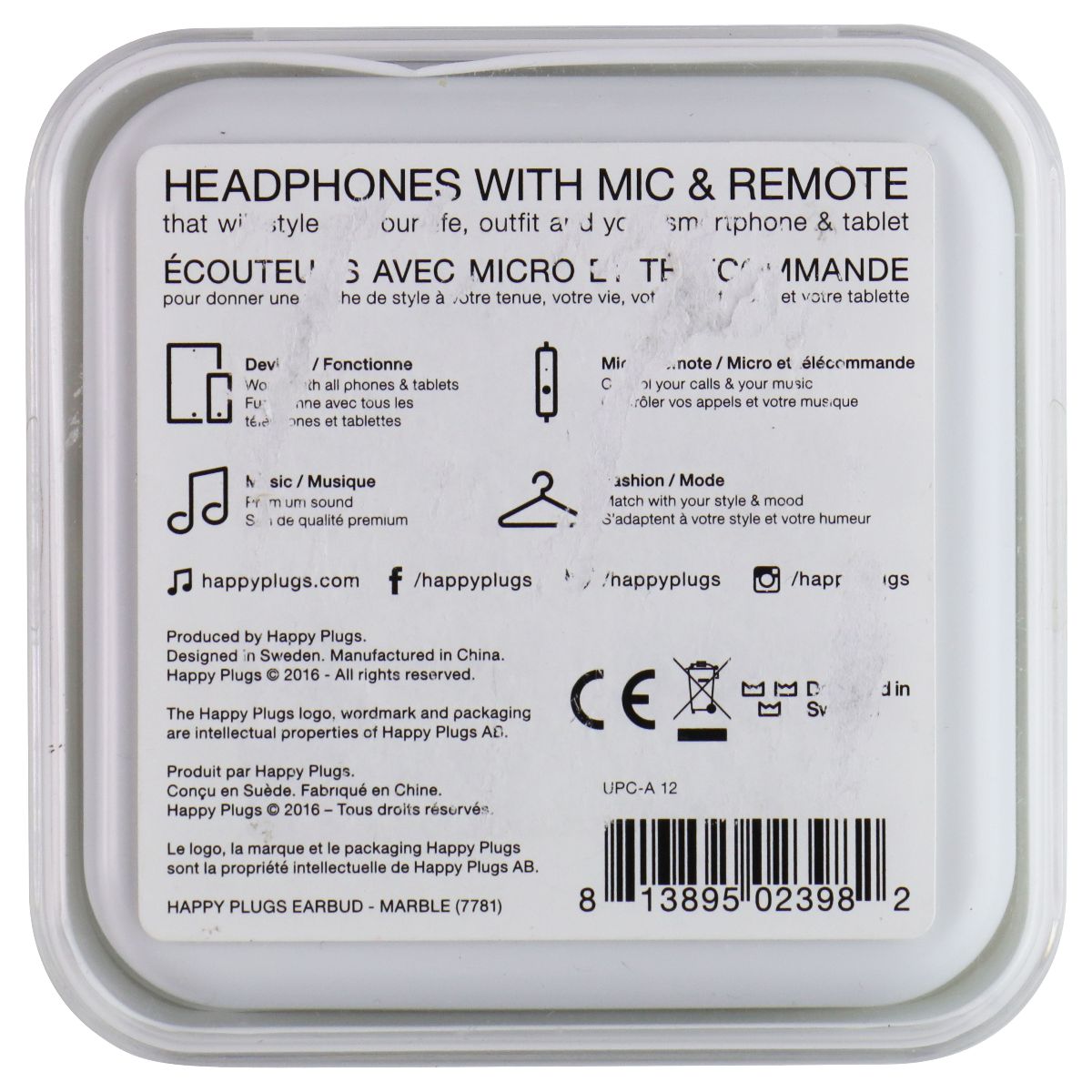 Happy Plugs Unik Edition 3.5mm Wired Headphones w/Mic and Remote - Marble Portable Audio - Headphones Happy Plugs - Simple Cell Bulk Wholesale Pricing - USA Seller