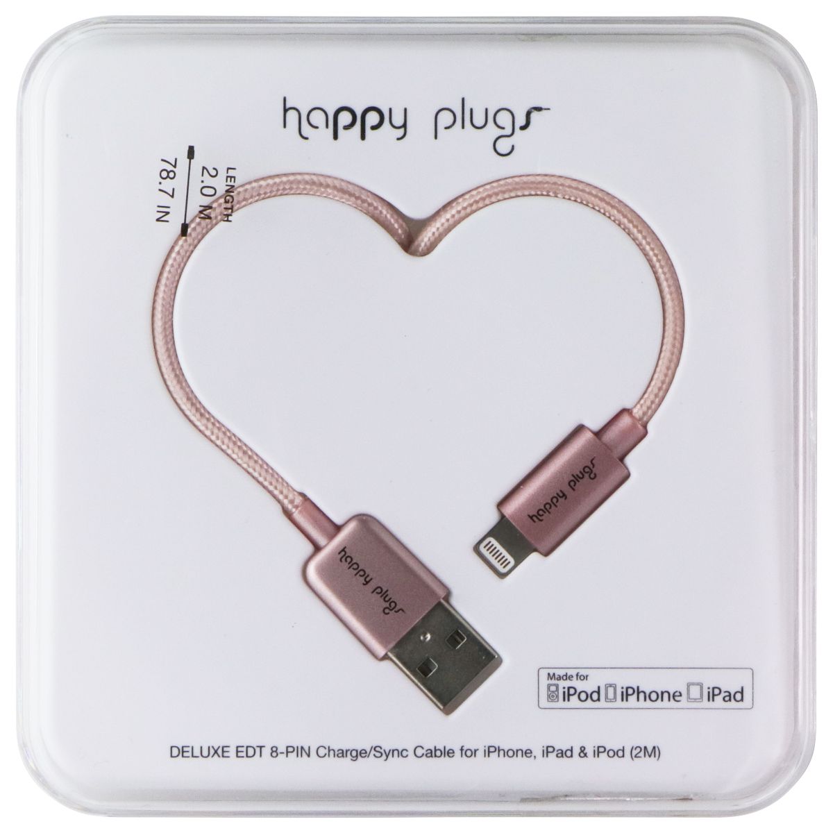 Happy Plugs (2m) Charge/Sync Cable - Lightning 8-Pin to USB-A - Pink Gold (9932) Cell Phone - Cables & Adapters Happy Plugs - Simple Cell Bulk Wholesale Pricing - USA Seller