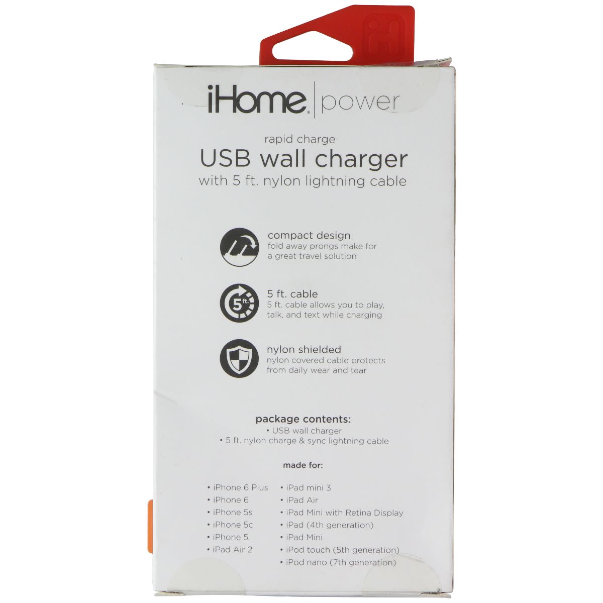 iHome (12W) Power USB Wall Charger with (5-Ft) Nylon 8-Pin Cable - White Cell Phone - Chargers & Cradles iHome - Simple Cell Bulk Wholesale Pricing - USA Seller