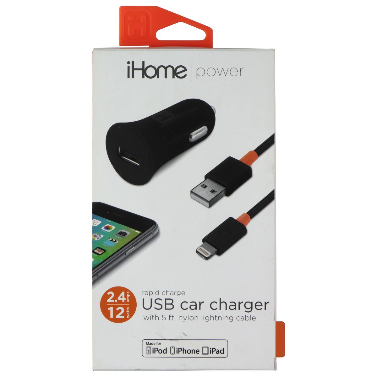 iHome Power 12W USB Car Charger with 5Ft Lightning 8-Pin Cable - Black / Orange Cell Phone - Chargers & Cradles iHome - Simple Cell Bulk Wholesale Pricing - USA Seller