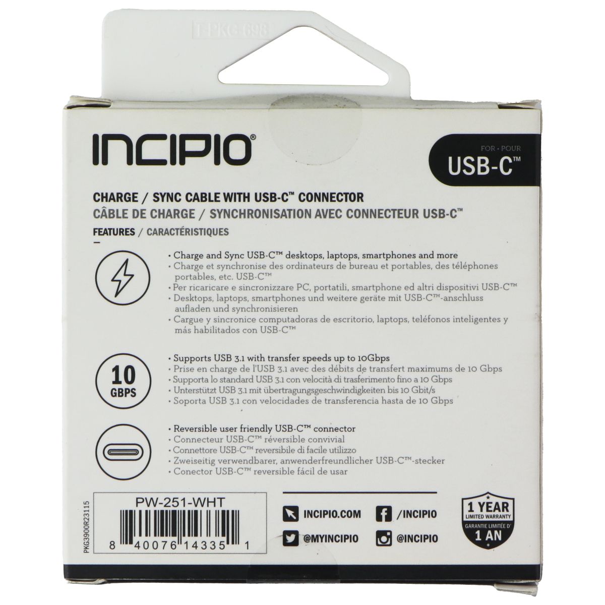 Incipio (1m/3.3 Foot) USB-C 3.1 to USB-C Charge/Sync Cable - White Cell Phone - Cables & Adapters Incipio - Simple Cell Bulk Wholesale Pricing - USA Seller