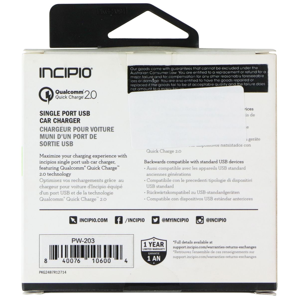 Incipio Qualcomm 2.0 Single Port Car Adapter for USB Devices - Black (PW-203) Cell Phone - Cables & Adapters Incipio - Simple Cell Bulk Wholesale Pricing - USA Seller