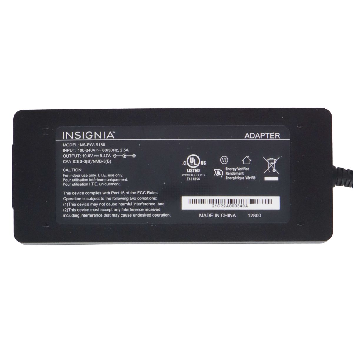 Insignia (NS-PWL9180) 180W 19V/9.47A Laptop Charger - Black Computer Accessories - Laptop Power Adapters/Chargers Insignia - Simple Cell Bulk Wholesale Pricing - USA Seller