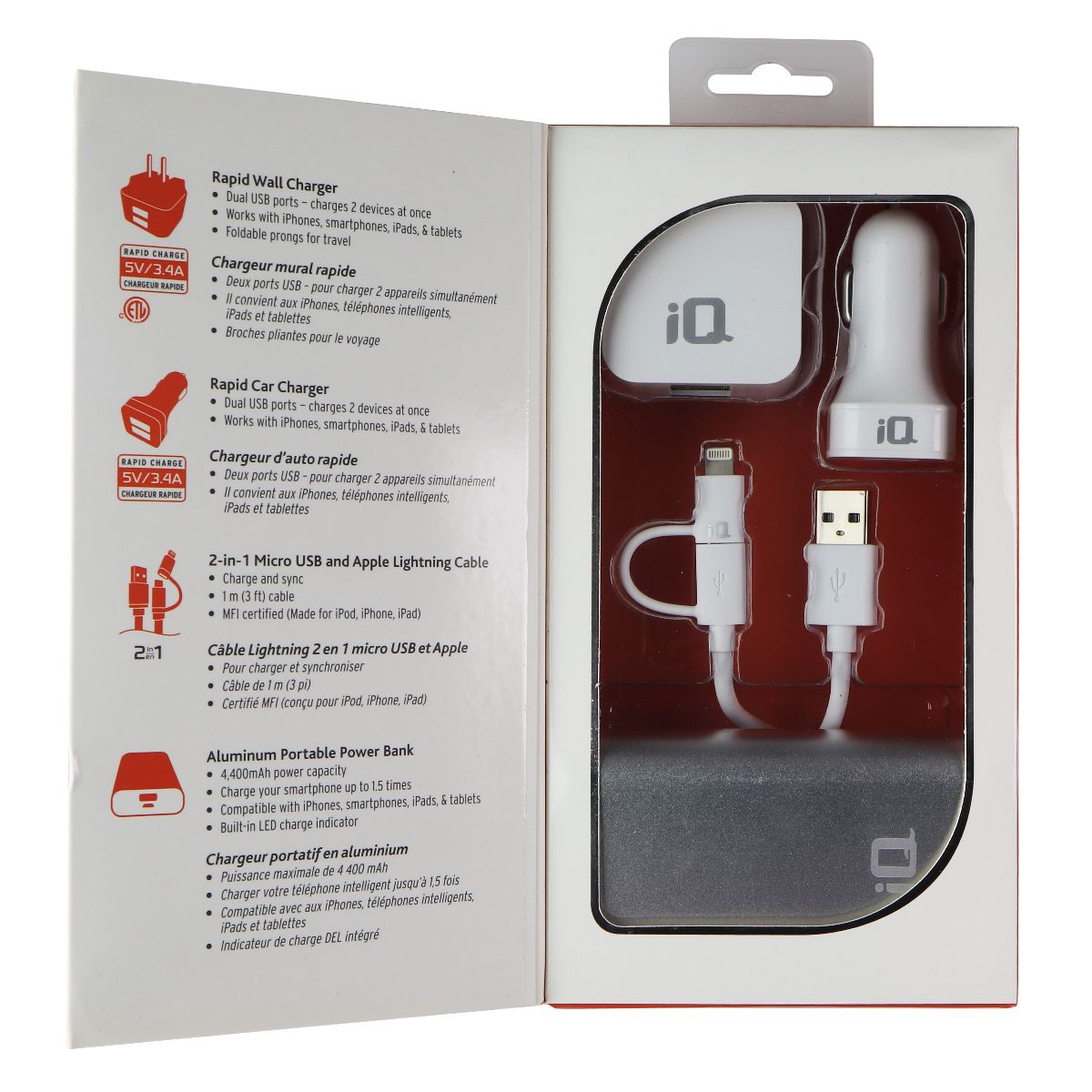 iQ (5V/3.4A) MFi Charging Bundle with Wall, Car, & Bank Chargers - White/Silver Cell Phone - Chargers & Cradles iQ    - Simple Cell Bulk Wholesale Pricing - USA Seller