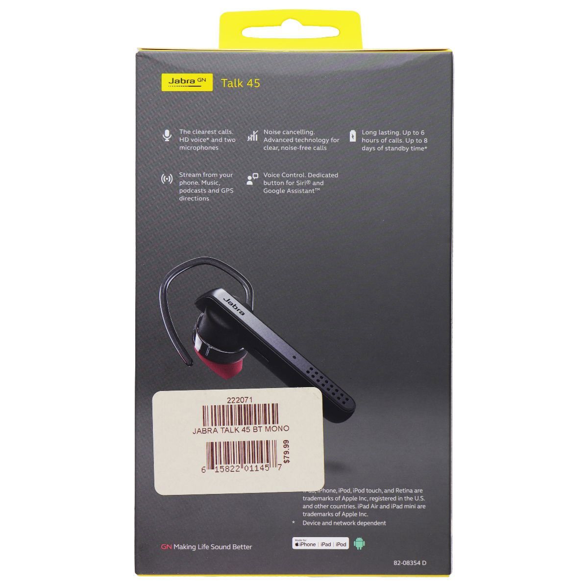 Jabra Talk 45 Wireless Bluetooth Single In-Ear Headset with Ear-Hook - Silver