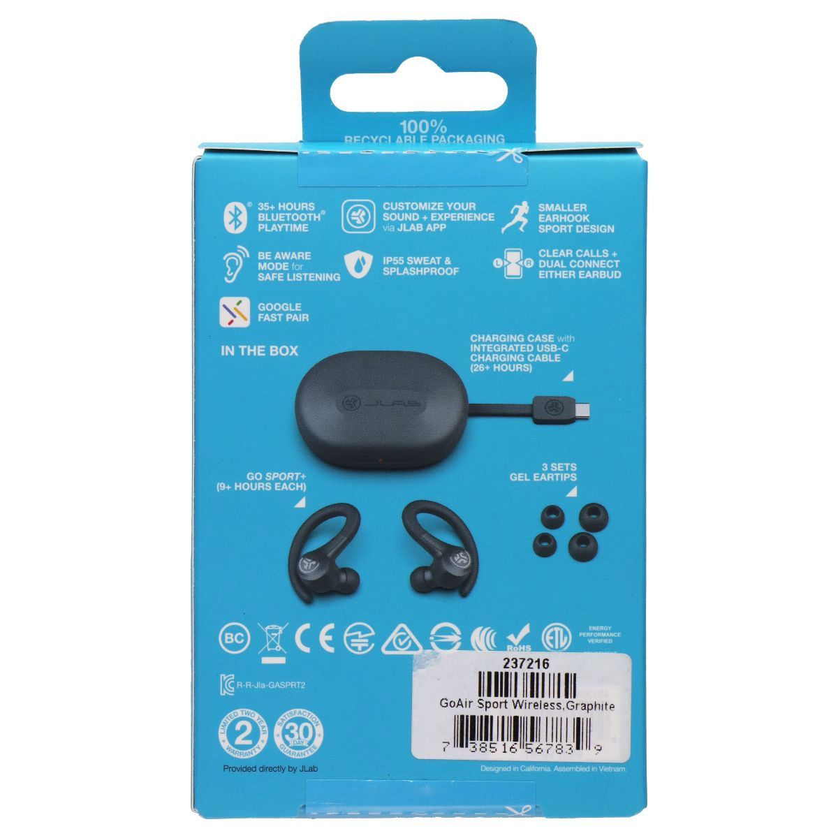 JLab Go Sport+ True Wireless Earbuds with 35+ Hours Playtime - Graphite