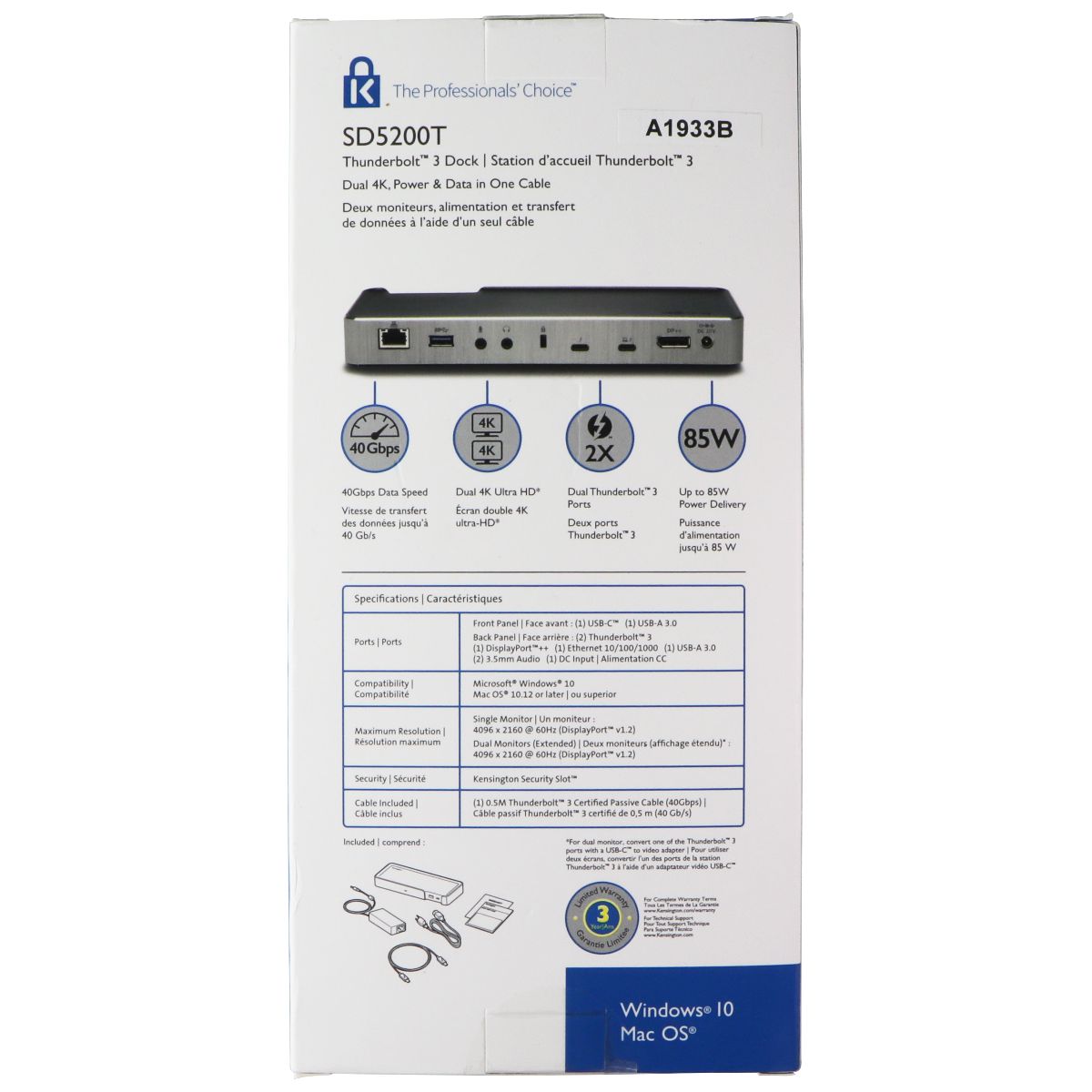 Kensington SD5200T Thunderbolt 3 Docking Station (85W PD) for Mac/PC (K38300NA) Computer Accessories - Laptop Docking Stations Kensington - Simple Cell Bulk Wholesale Pricing - USA Seller