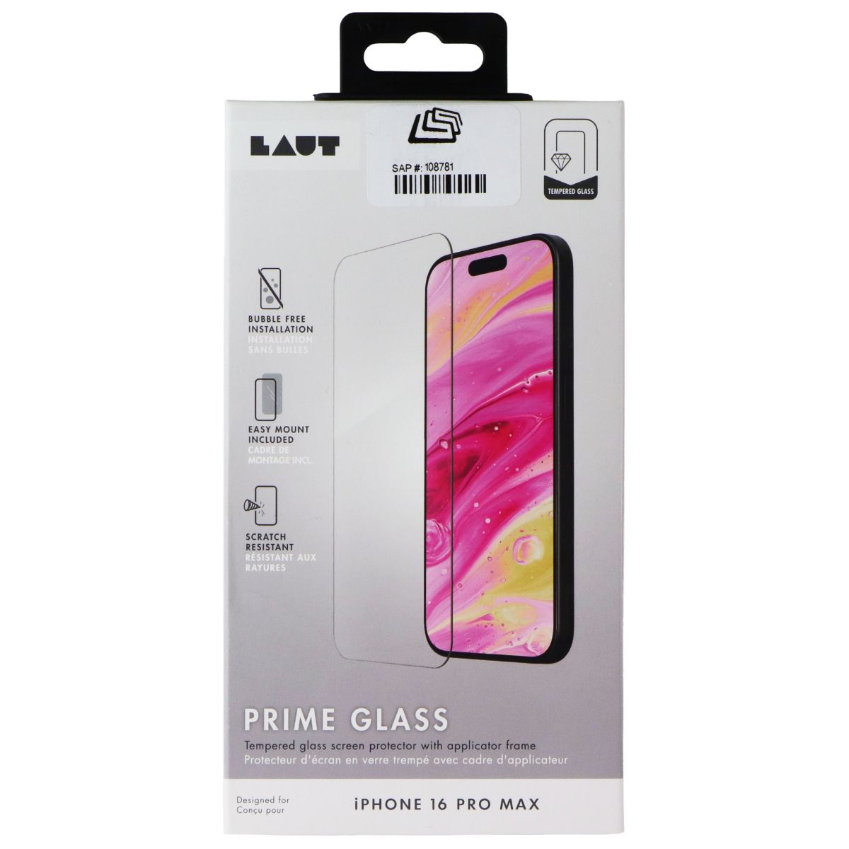 LAUT Prime Glass Tempered Glass Screen Protector for Apple iPhone 16 Pro Max Cell Phone - Screen Protectors Laut - Simple Cell Bulk Wholesale Pricing - USA Seller