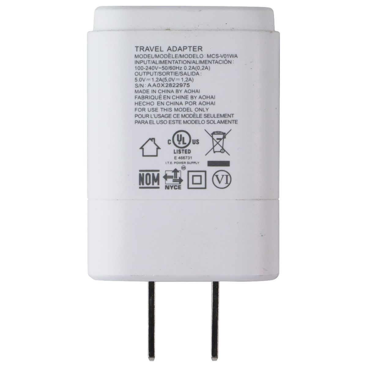 LG Single USB (5.0V/1.2A) Travel Adapter Wall Charger - White (MCS-V01WA) Cell Phone - Chargers & Cradles LG - Simple Cell Bulk Wholesale Pricing - USA Seller