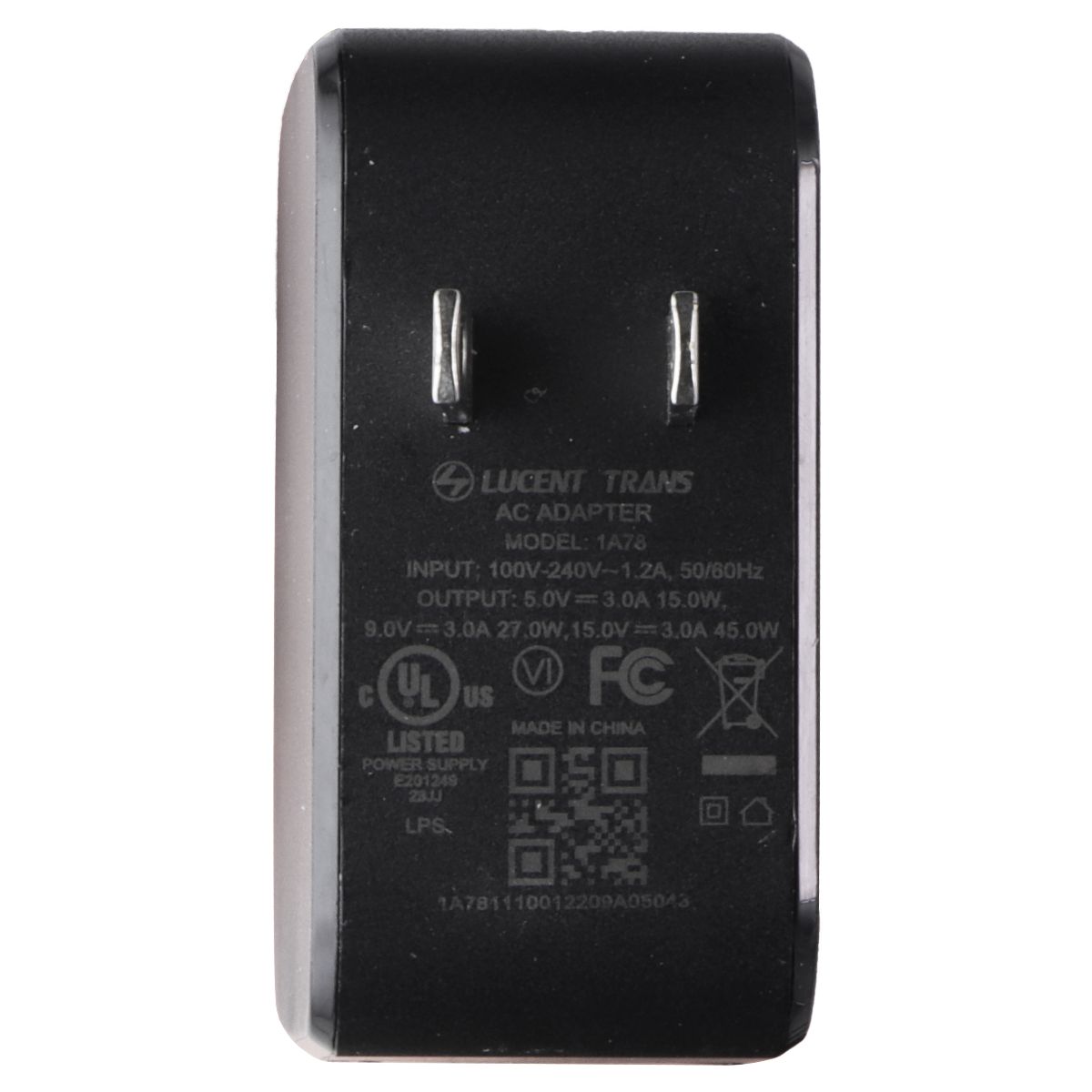 Lucent Trans (USB-C) AC Adapter (1A78) 45 Watts - Black Cell Phone - Cables & Adapters Lucent Trans    - Simple Cell Bulk Wholesale Pricing - USA Seller