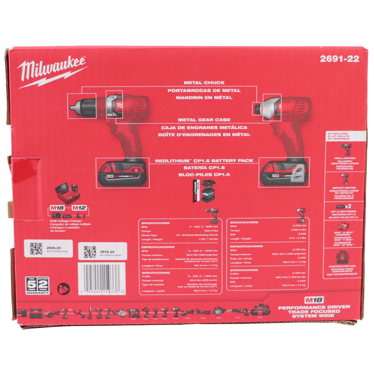 Milwaukee M18 18V Cordless Drill/Impact Driver Kit w/ 2 Batteries & Bag 2691-22