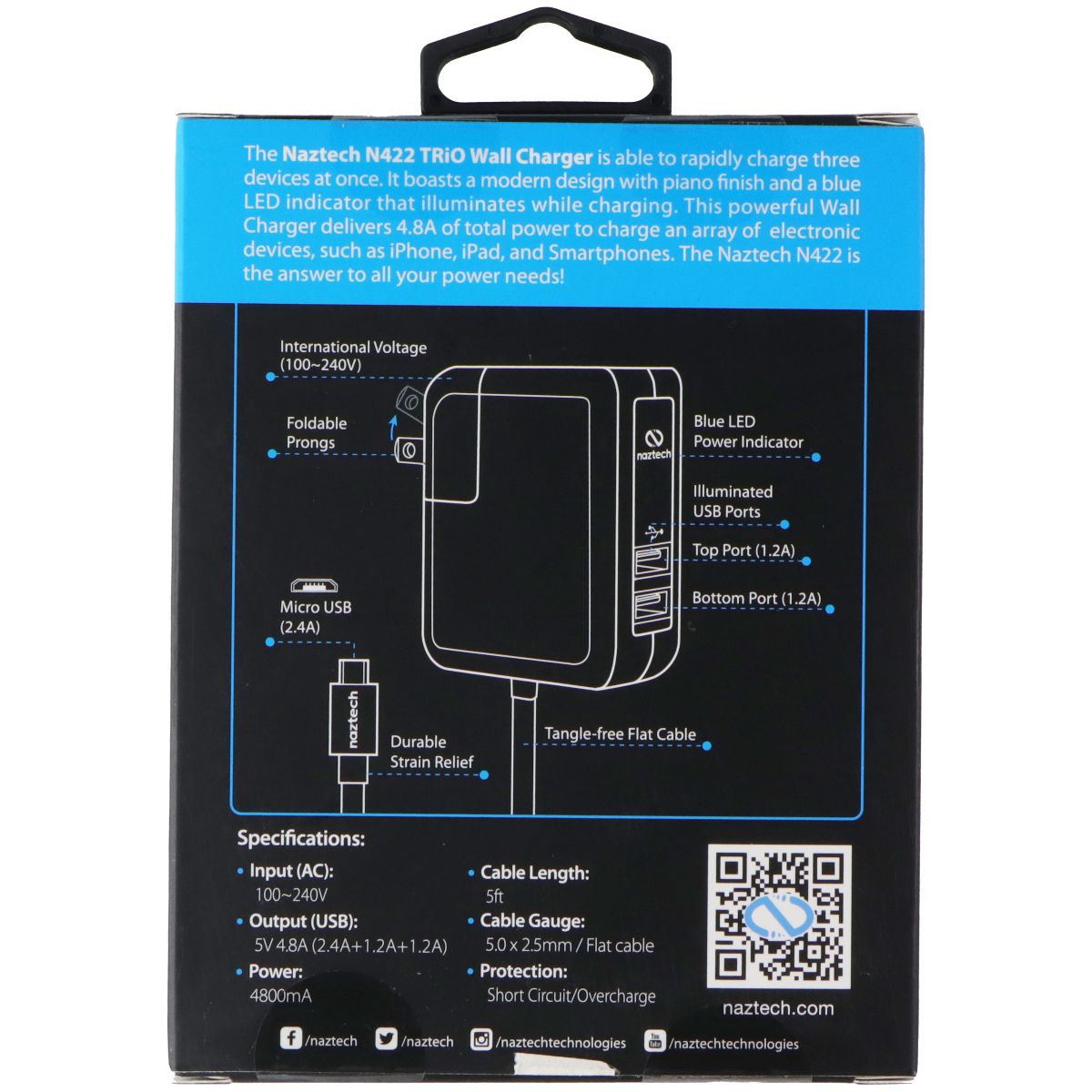 Naztech TRiO Wall Charger w/ 2x USB A ports and Built-in Micro-USB Cable - Black