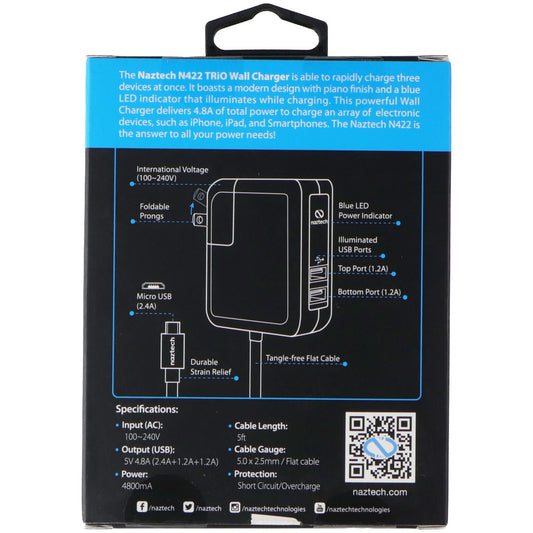 Naztech TRiO Wall Charger w/ 2x USB A ports and Built-in Micro-USB Cable - Black
