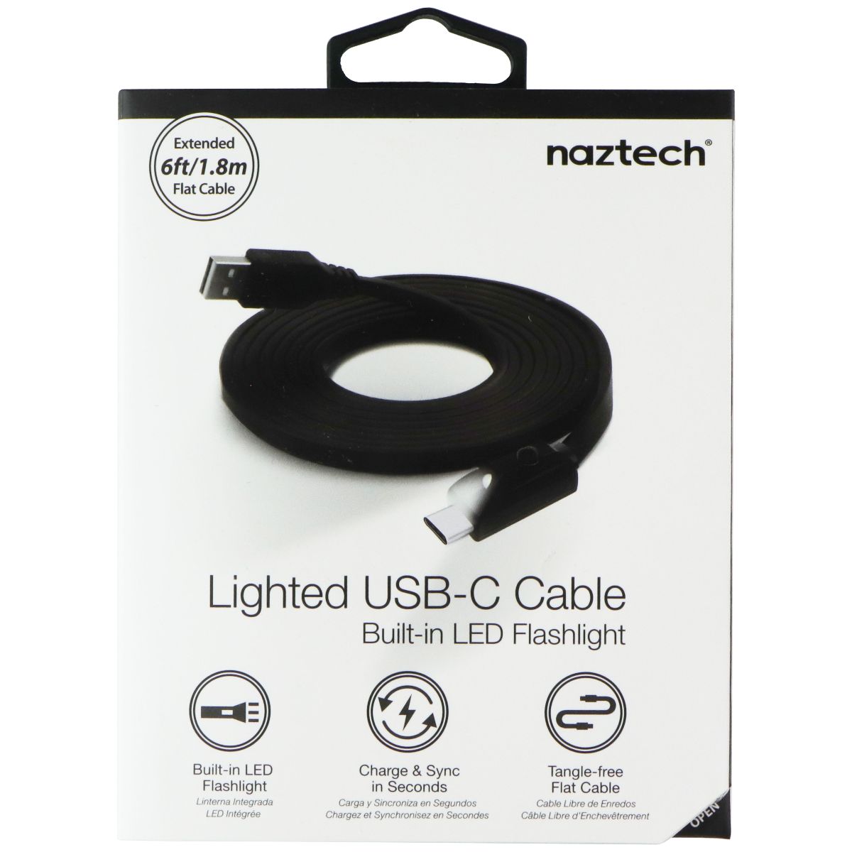 naztech (6ft/1.8m) Lighted USB-C Flat Cable with Built-in LED Flashlight - Black