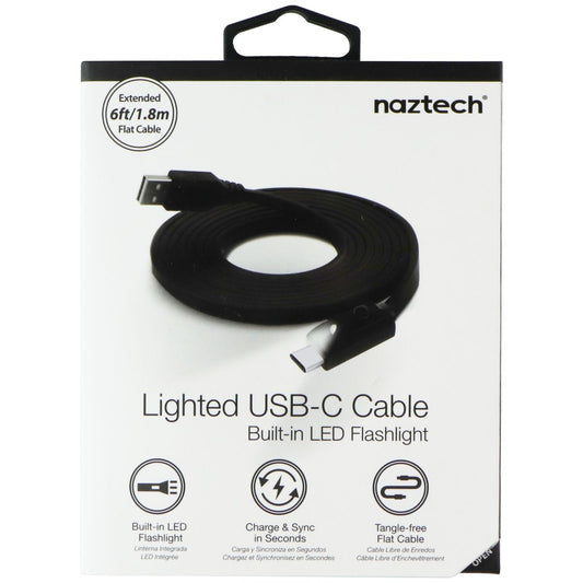 naztech (6ft/1.8m) Lighted USB-C Flat Cable with Built-in LED Flashlight - Black