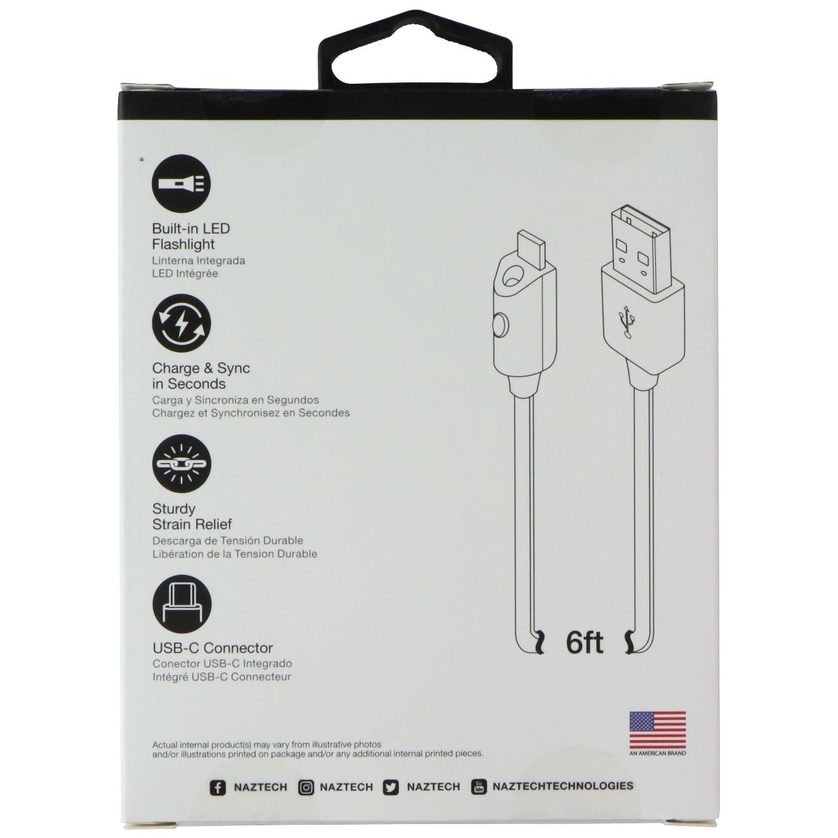naztech (6ft/1.8m) Lighted USB-C Flat Cable with Built-in LED Flashlight - Black Cell Phone - Cables & Adapters Naztech - Simple Cell Bulk Wholesale Pricing - USA Seller