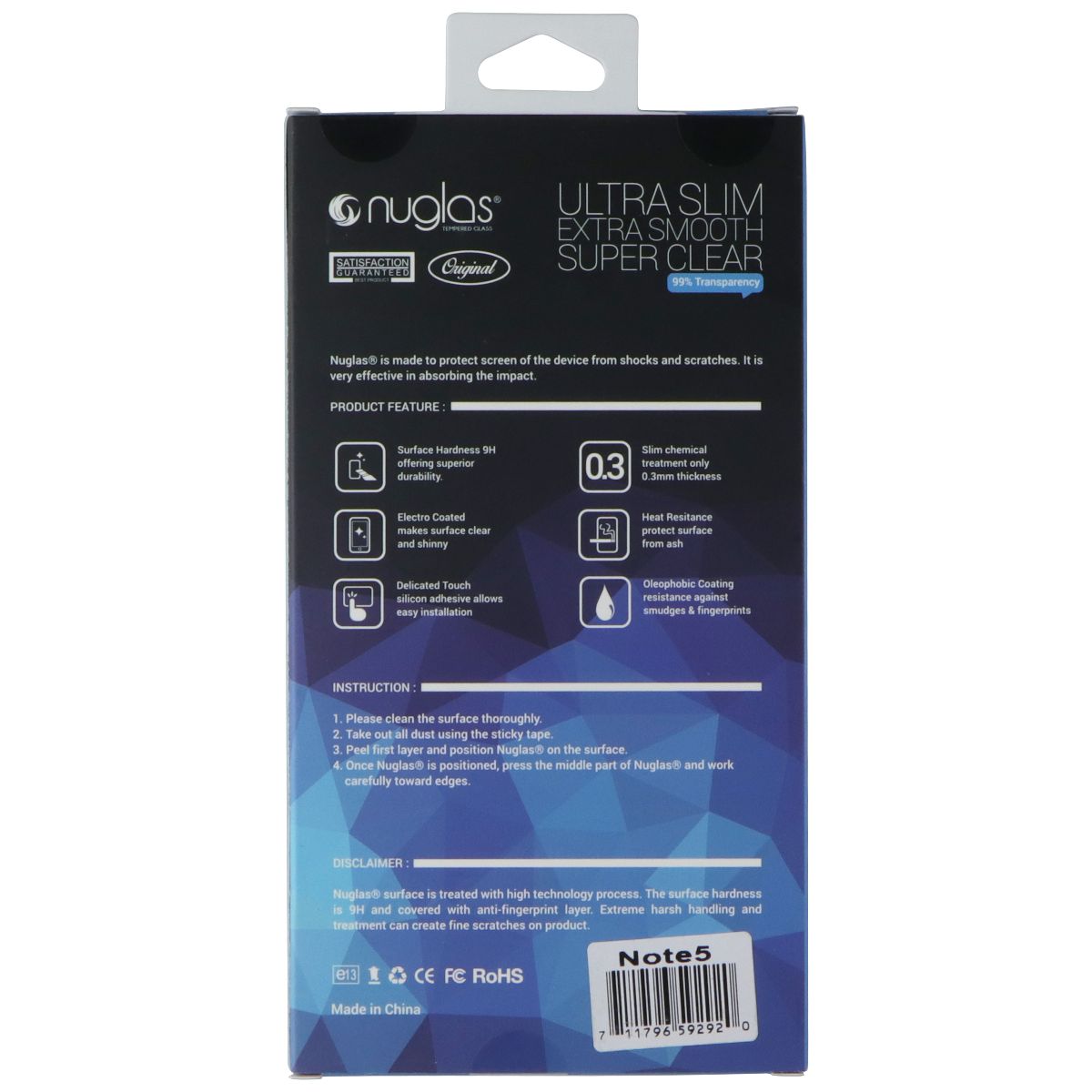 Nuglas Slim Tempered Glass for Samsung Note 5 - Crystal Clear Cell Phone - Screen Protectors Nuglas - Simple Cell Bulk Wholesale Pricing - USA Seller