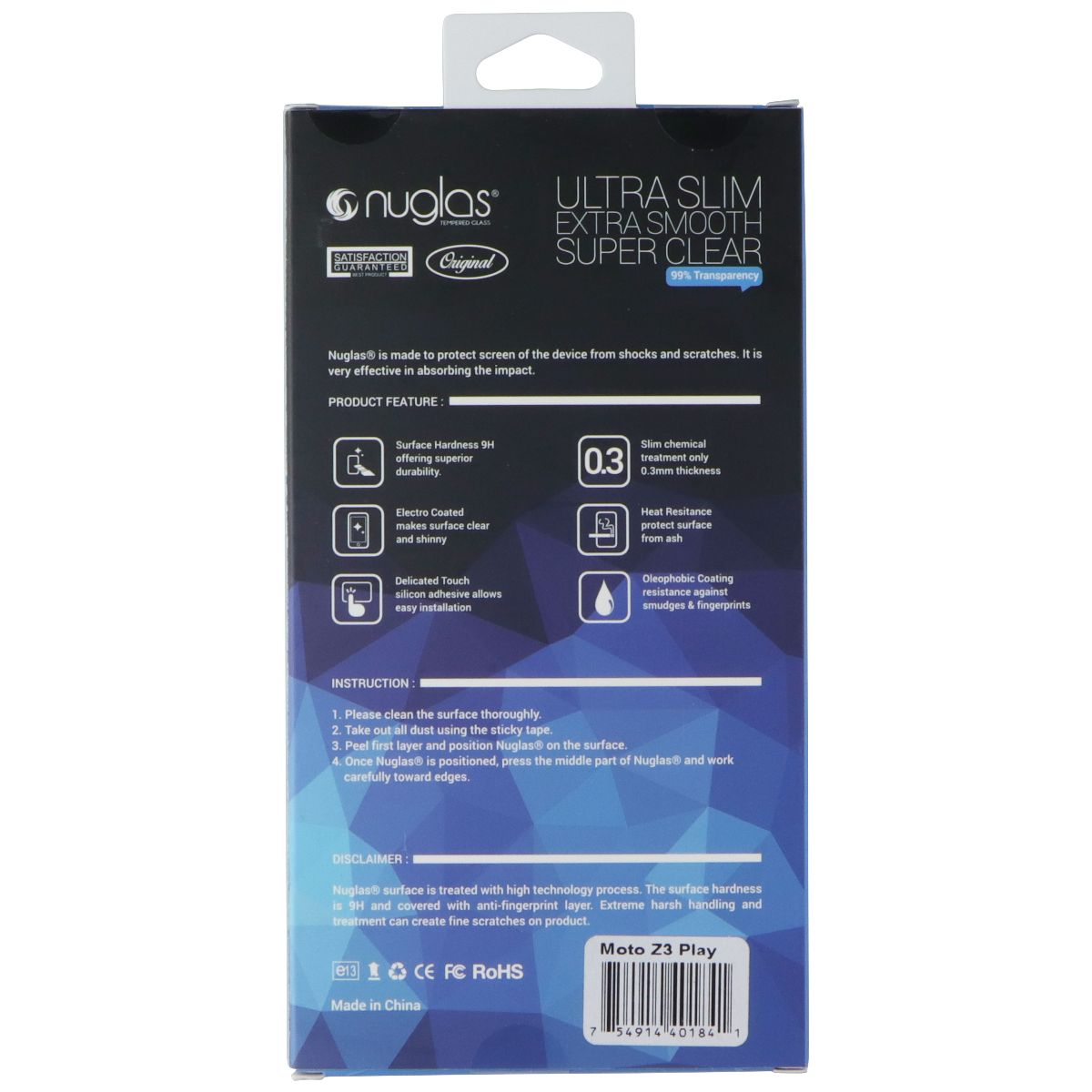 Nuglas Slim Tempered Glass for Motorola Z3 Play - Crystal Clear Cell Phone - Screen Protectors Nuglas - Simple Cell Bulk Wholesale Pricing - USA Seller