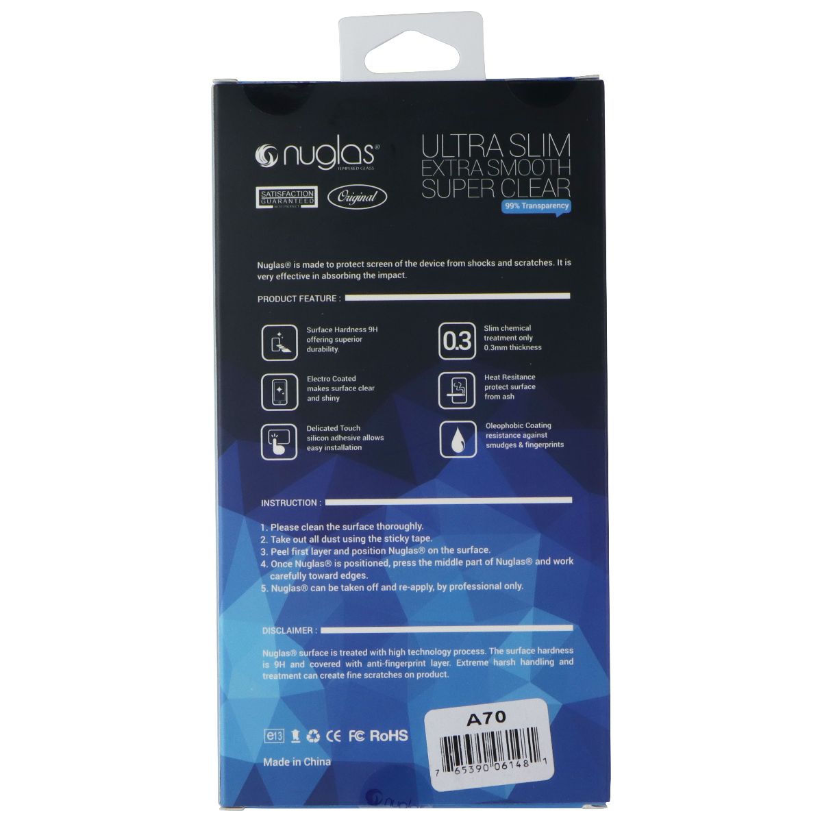 Nuglas Crystal Clear Tempered Glass Screen Protector for Galaxy A70 - Clear Cell Phone - Screen Protectors Nuglas - Simple Cell Bulk Wholesale Pricing - USA Seller