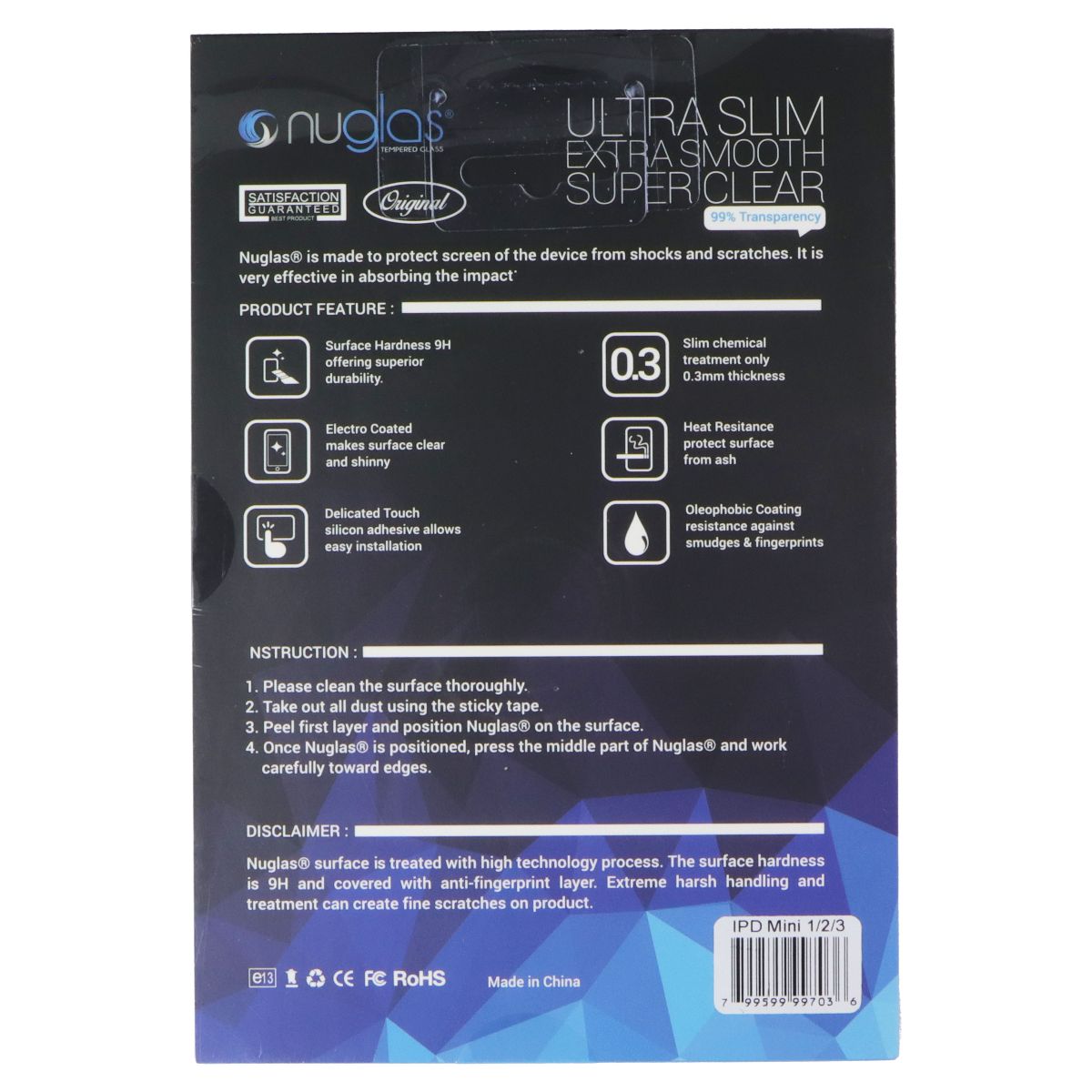Nuglas Crystal Clear Tempered Glass for Apple iPad Mini 1/2/3 - Clear iPad/Tablet Accessories - Screen Protectors Nuglas - Simple Cell Bulk Wholesale Pricing - USA Seller