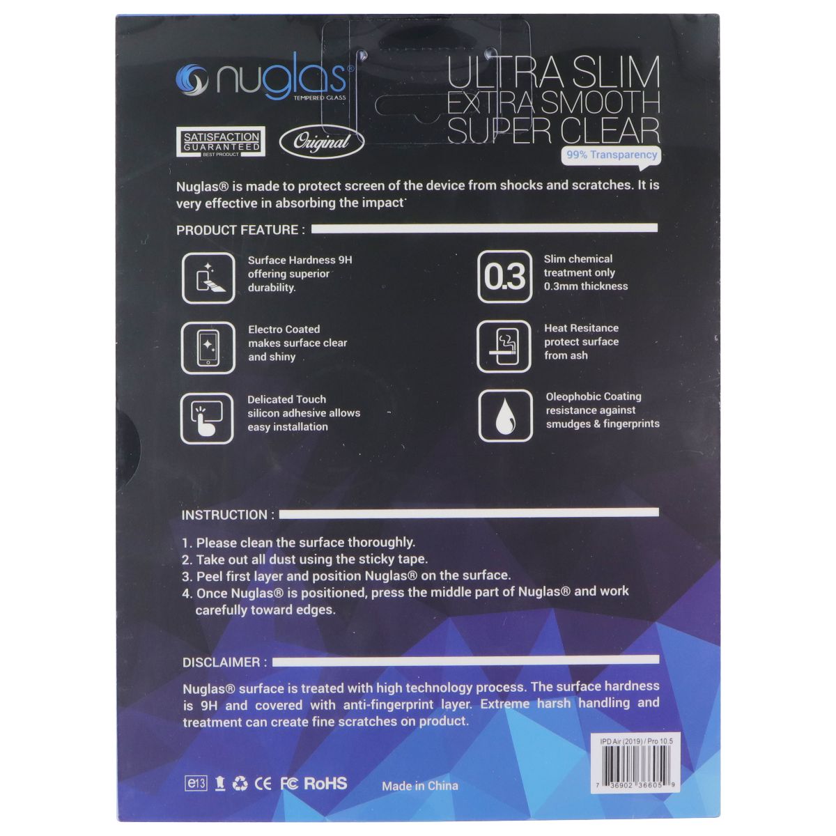 Nuglas Crystal Clear Tempered Glass for iPad Air 3rd Gen (2019) & iPad Pro 10.5 iPad/Tablet Accessories - Screen Protectors Nuglas - Simple Cell Bulk Wholesale Pricing - USA Seller