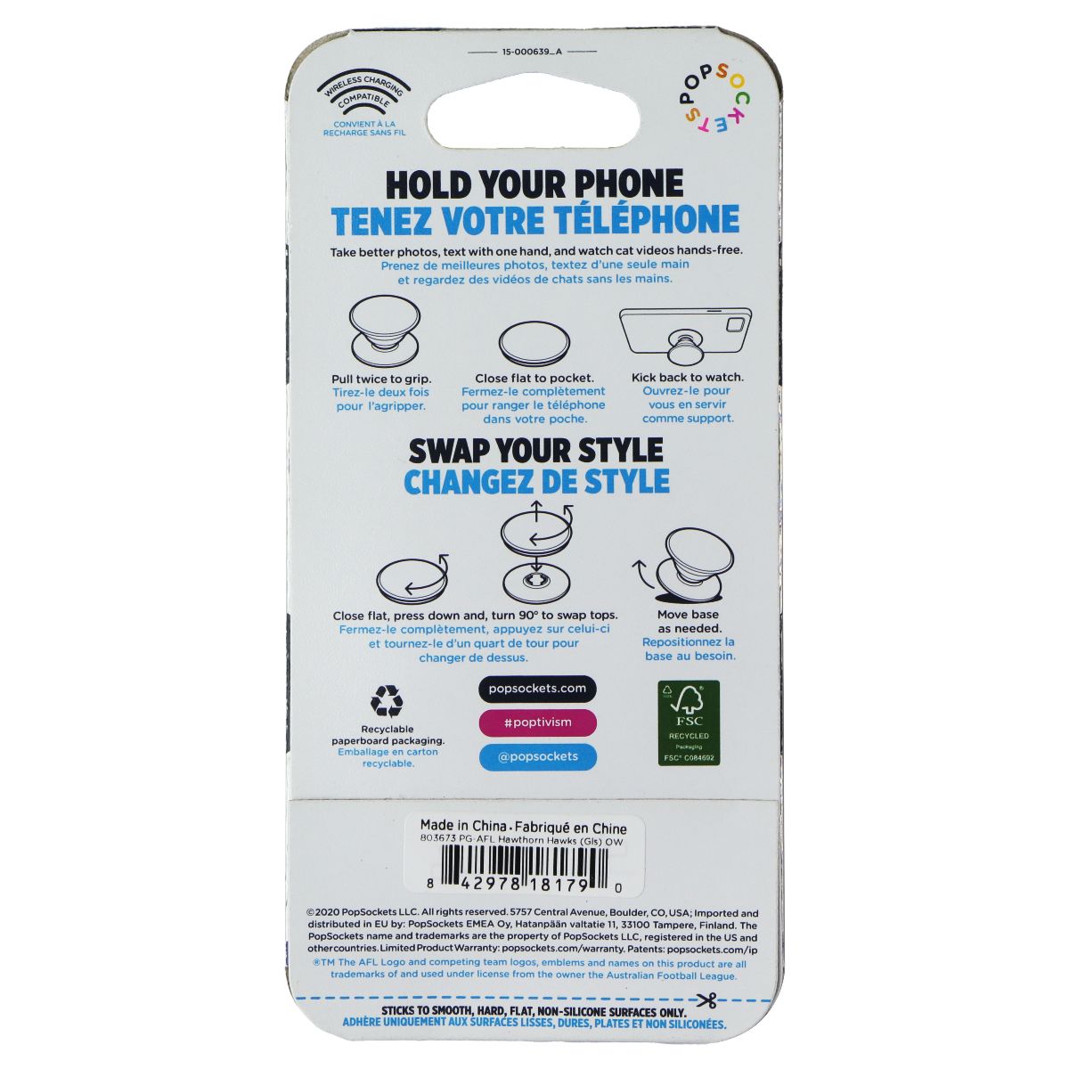 PopSockets PopGrip Expanding Stand Grip w/ Swappable Top - AFL Hawthorn Hawks Cell Phone - Mounts & Holders PopSockets - Simple Cell Bulk Wholesale Pricing - USA Seller