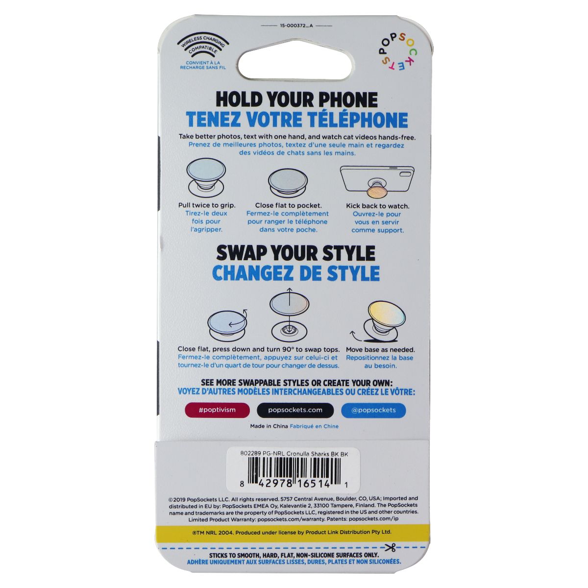 PopSockets PopGrip Expanding Stand Grip w/ Swap Top - NRL Cronulla Sharks Cell Phone - Mounts & Holders PopSockets - Simple Cell Bulk Wholesale Pricing - USA Seller