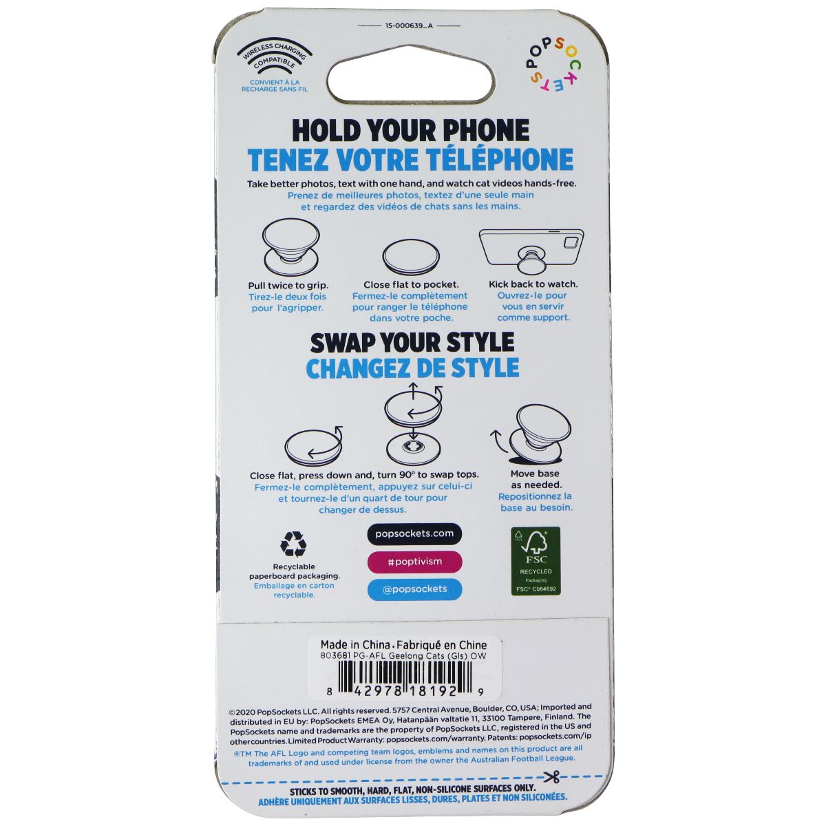 PopSockets PopGrip Expanding Stand Grip w/ Swappable Top - AFL Geelong Cats Cell Phone - Mounts & Holders PopSockets - Simple Cell Bulk Wholesale Pricing - USA Seller