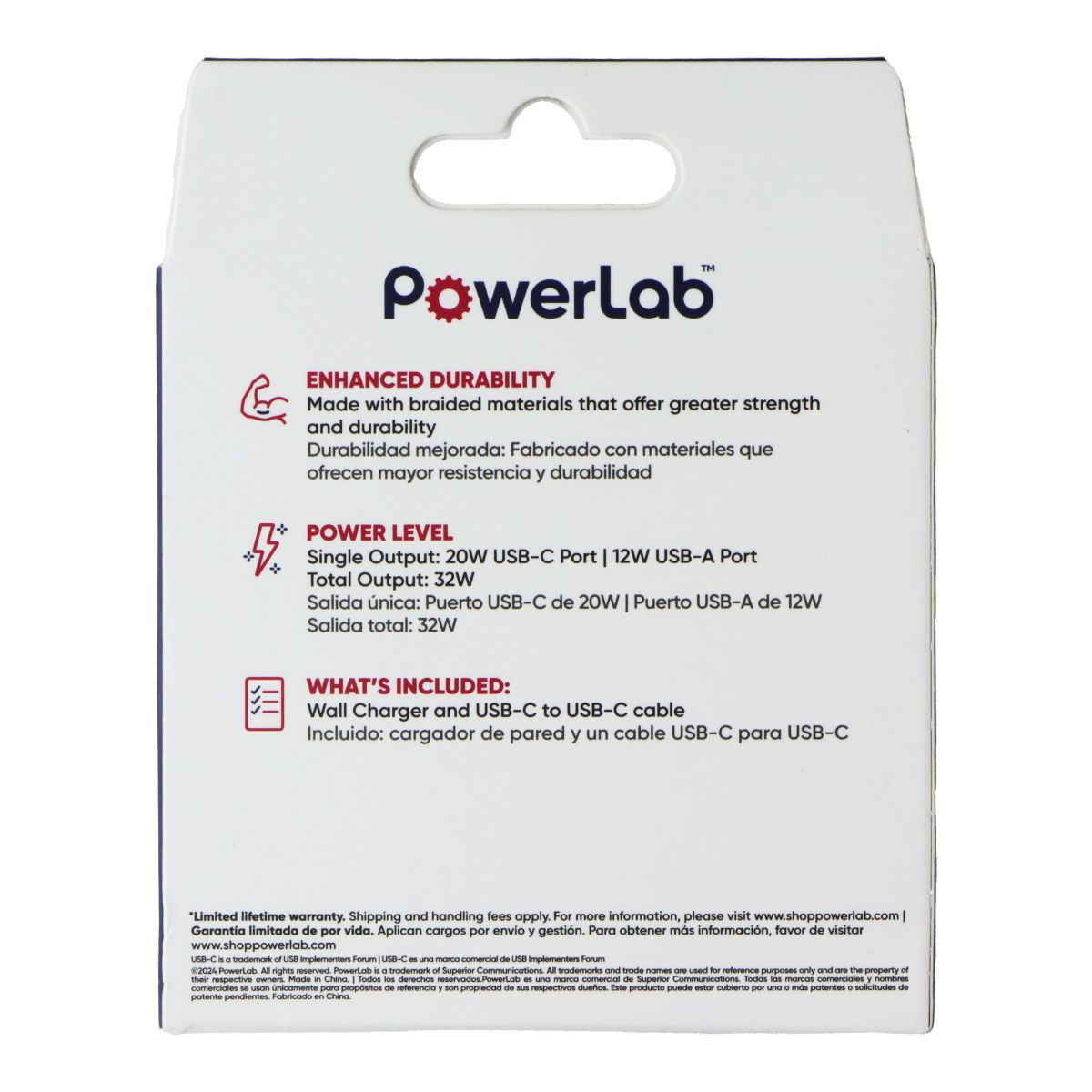 PowerLab 32W Wall Charger and 6-Ft USB-C to USB-C Cable - White/Silver Cell Phone - Chargers & Cradles PowerLab - Simple Cell Bulk Wholesale Pricing - USA Seller