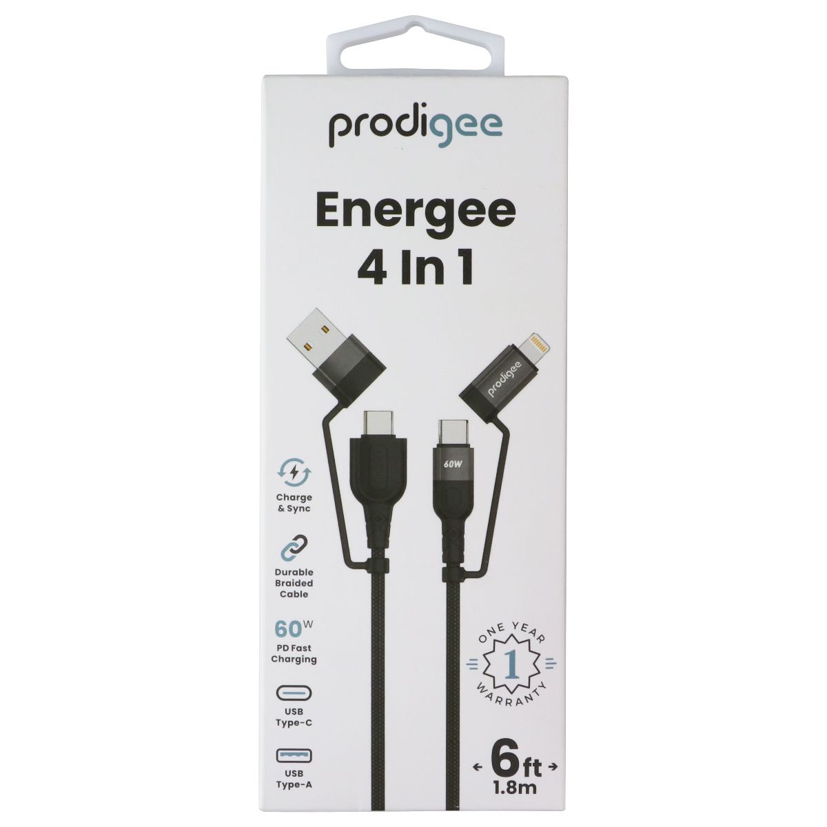 Prodigee Energee 6 Foot 4 in 1  (USB-C/USB-A/Lightning (8-Pin)) Cable - Black
