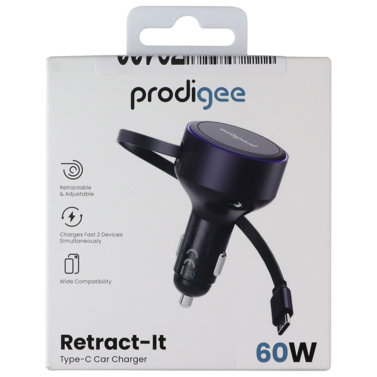 Prodigee Retract-IT Dual Type-C 60W Car Charger - Black Cell Phone - Chargers & Cradles Prodigee - Simple Cell Bulk Wholesale Pricing - USA Seller