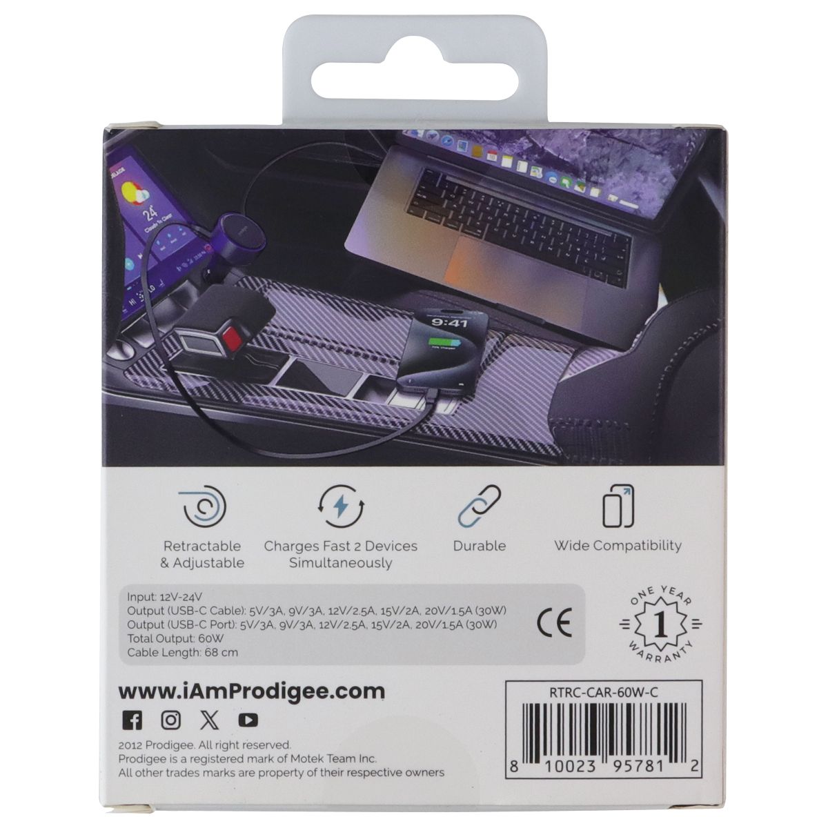Prodigee Retract-IT Dual Type-C 60W Car Charger - Black Cell Phone - Chargers & Cradles Prodigee - Simple Cell Bulk Wholesale Pricing - USA Seller