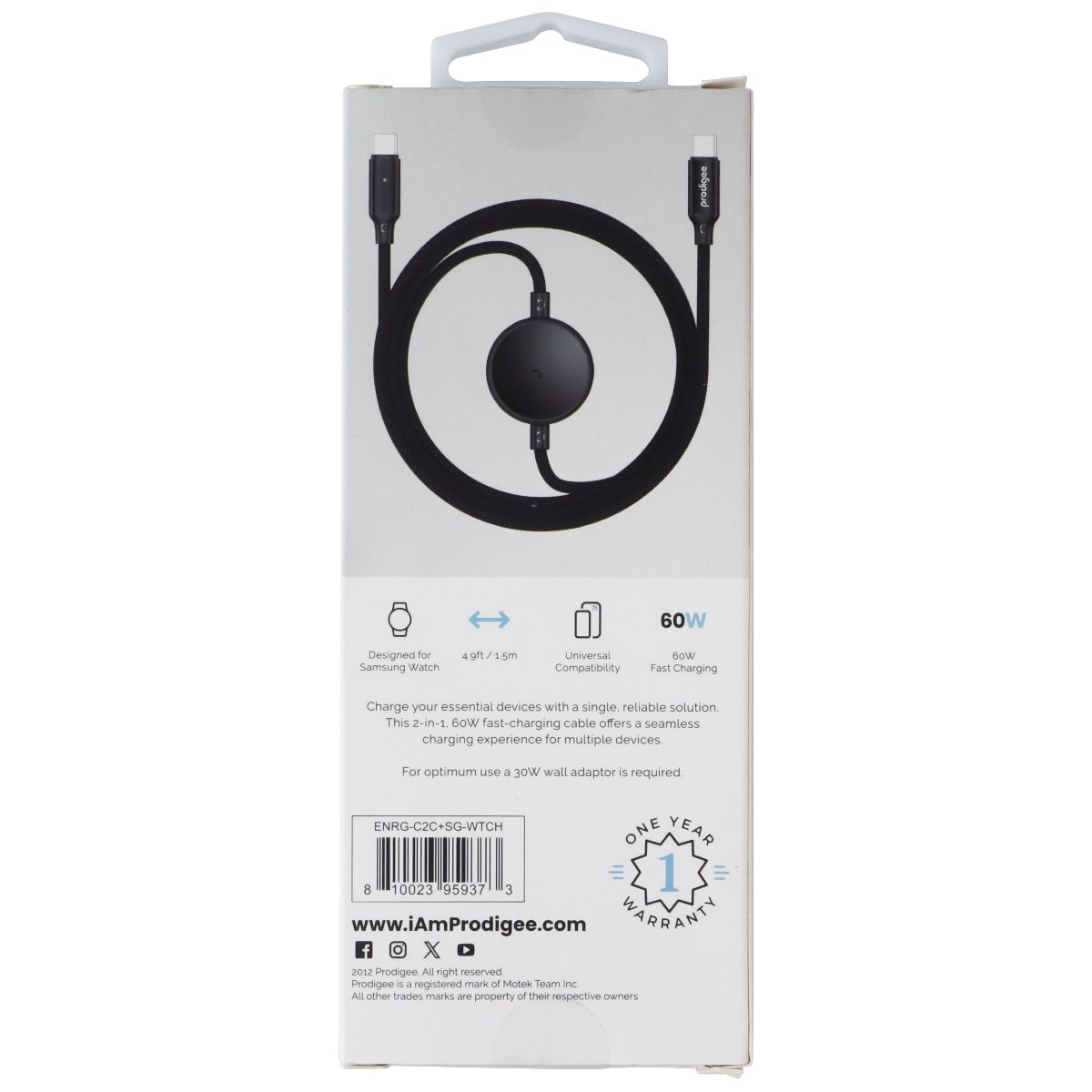 Prodigee 60W 4.9 Foot Dual Type-C + Watch Cable - Black