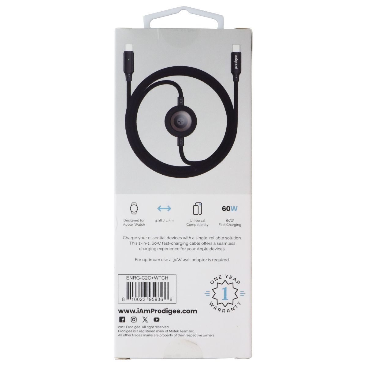 Prodigee 60W 4.9 Foot Dual Type-C + Watch Cable - Black