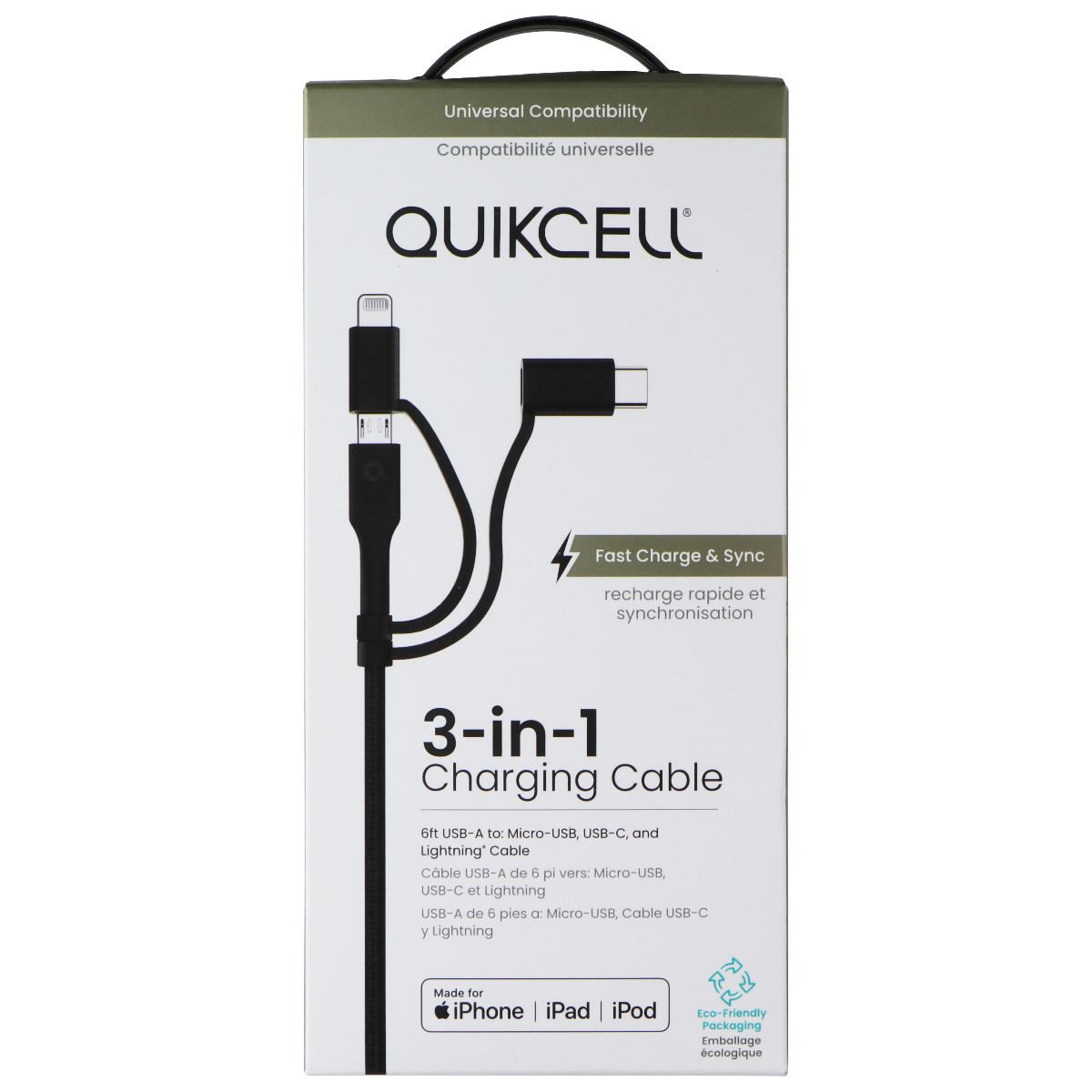 Quikcell 6FT USB-A to Micro USB, USB-C & Lightning 8-Pin Charging Cable - Black Cell Phone - Cables & Adapters Quikcell    - Simple Cell Bulk Wholesale Pricing - USA Seller