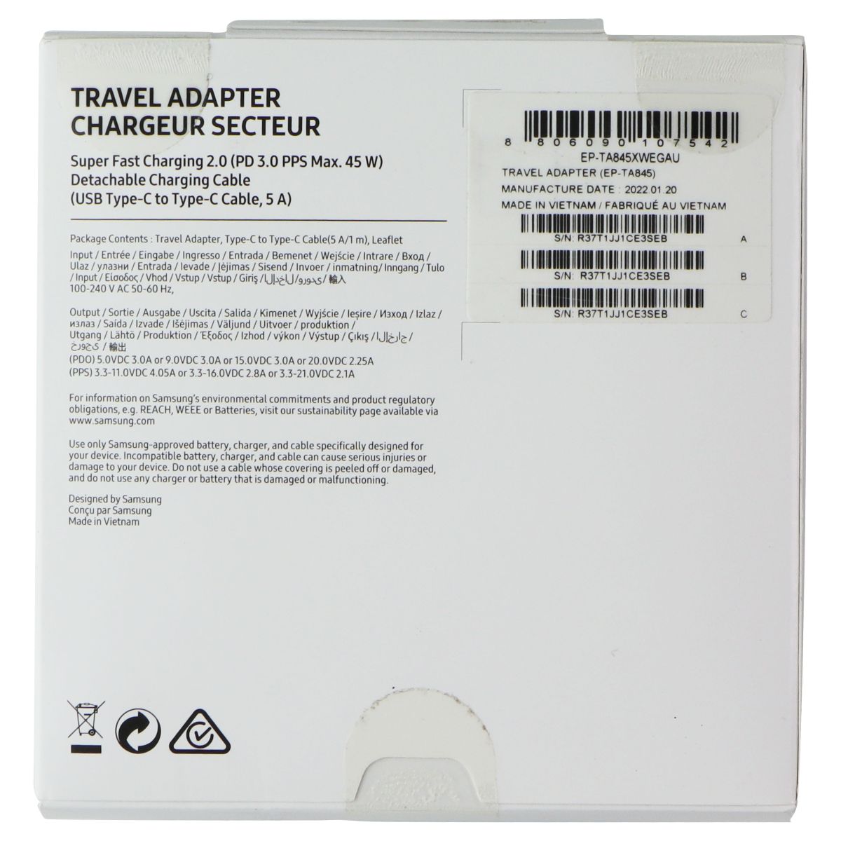 Samsung 45W Travel Adapter (AUSTRALIAN) + USB-C to USB-C Cable - White Cell Phone - Cables & Adapters Samsung - Simple Cell Bulk Wholesale Pricing - USA Seller