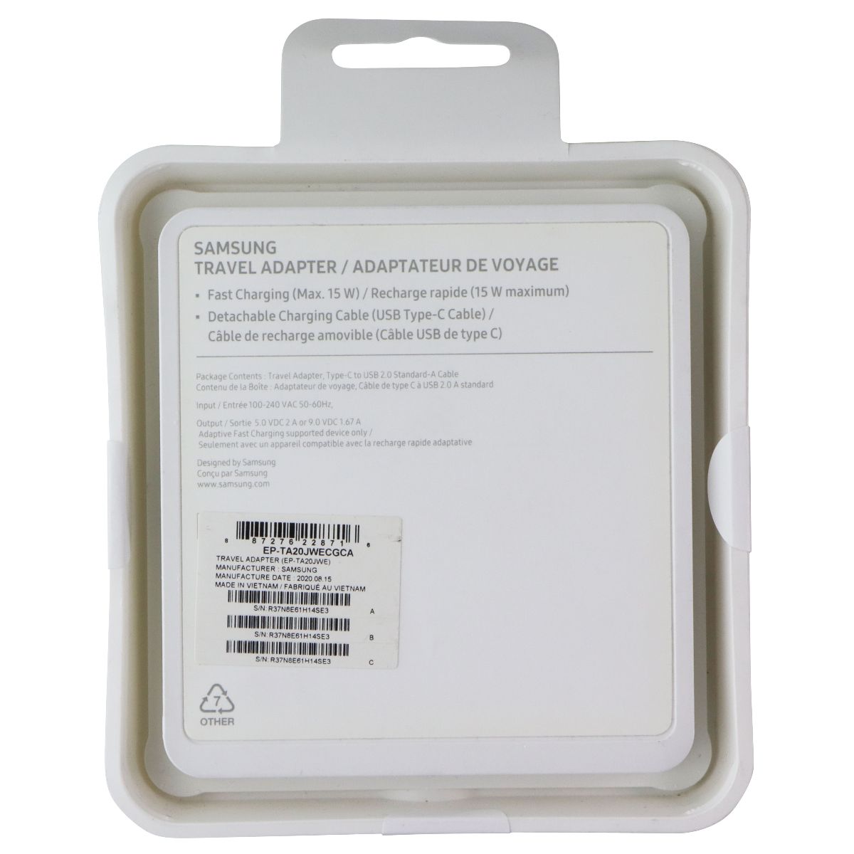 Samsung 15W Fast Charge Travel Adapter with USB-C to A Cable - White Cell Phone - Cables & Adapters Samsung - Simple Cell Bulk Wholesale Pricing - USA Seller