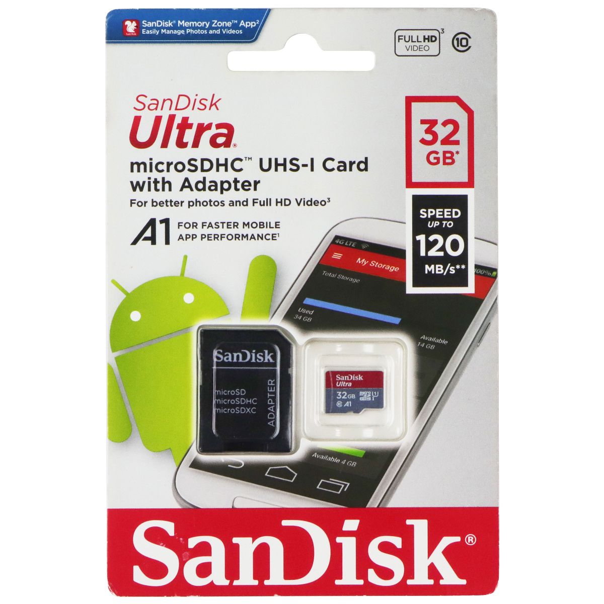 SanDisk ULTRA 32GB 120MB/s MicroSDHC UHS-I Card with Adapter Cell Phone - Memory Cards SanDisk - Simple Cell Bulk Wholesale Pricing - USA Seller