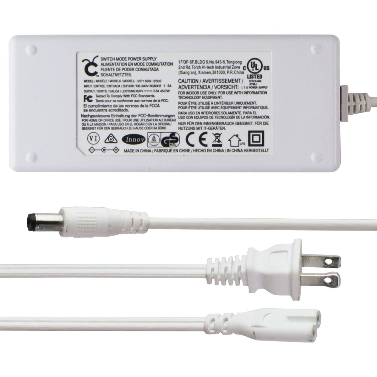 Switch Mode Power Supply (IVP1800-2500) 18V/2.5A/45.0W - White Multipurpose Batteries & Power - Travel Adapters & Converters Schaltnetzteil - Simple Cell Bulk Wholesale Pricing - USA Seller