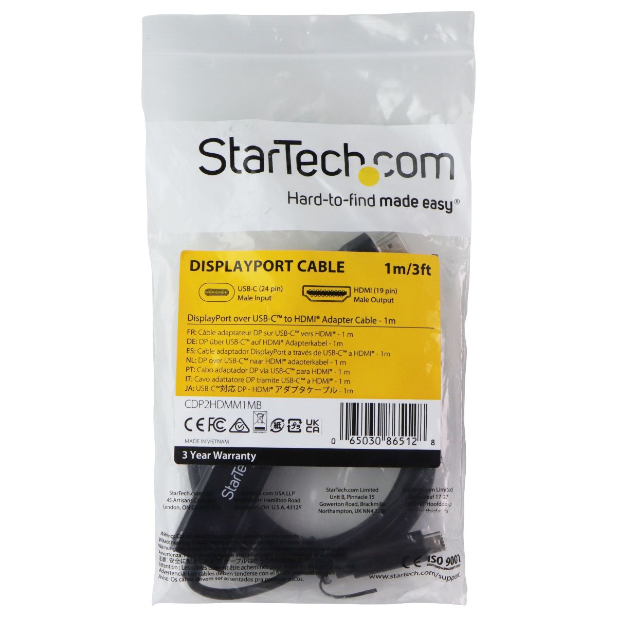 Star Tech 3 Foot USB-C to HDMI Display Port Cable (4K 30Hz) - Black Computer/Network - Monitor/AV Cables & Adapters StarTech - Simple Cell Bulk Wholesale Pricing - USA Seller