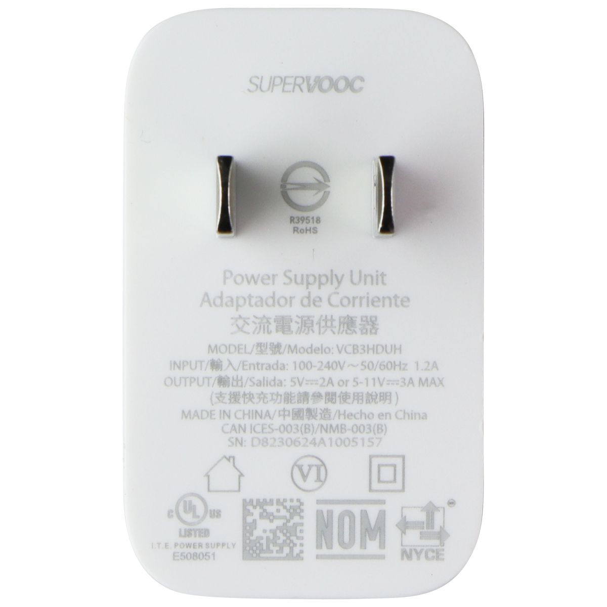 SUPERVOOC 33W USB-A Power Adaptor (VCB3HDUH) 5V/2A - White Parts & Accessories - Chargers & Cradles SuperVooc    - Simple Cell Bulk Wholesale Pricing - USA Seller