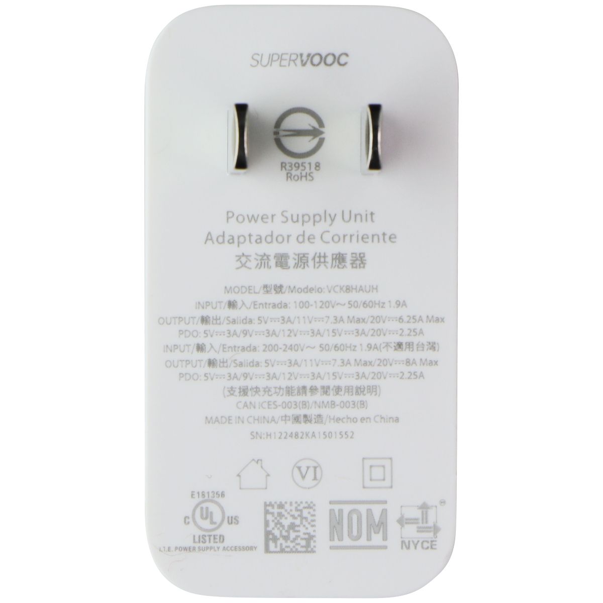 SuperVooc 125W VCK8HAUH 5V/3A USB-C Wall Charger - White Parts & Accessories - Chargers & Cradles SuperVooc    - Simple Cell Bulk Wholesale Pricing - USA Seller