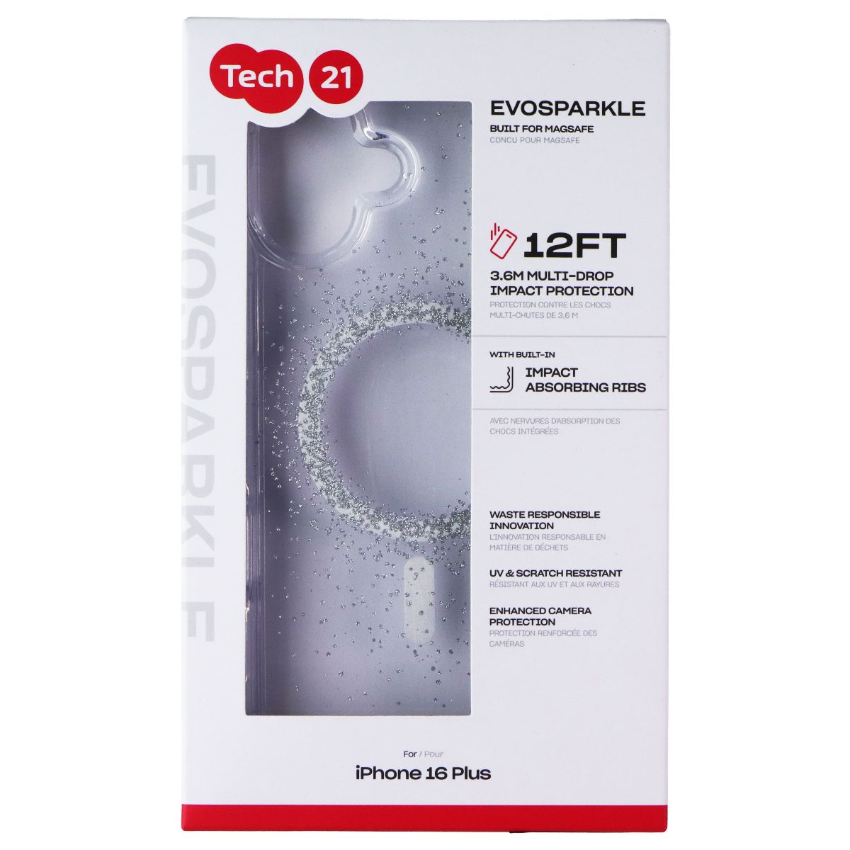 Tech21 EvoSparkle MagSafe Case for Apple iPhone 16 Plus - Clear/Silver Cell Phone - Cases, Covers & Skins Tech21 - Simple Cell Bulk Wholesale Pricing - USA Seller